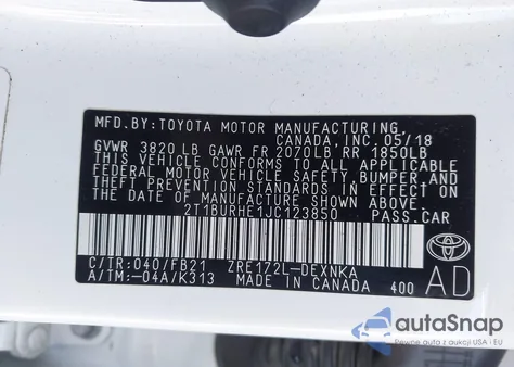 2018 Toyota Corolla Le z USA, uszkodzony, nr VIN 2T1BURHE1JC123850